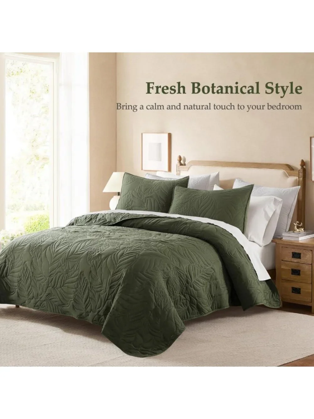 Olive Green King Quilt Set - Soft Lightweight Bedspread, Rustic Leaf Pattern, 3